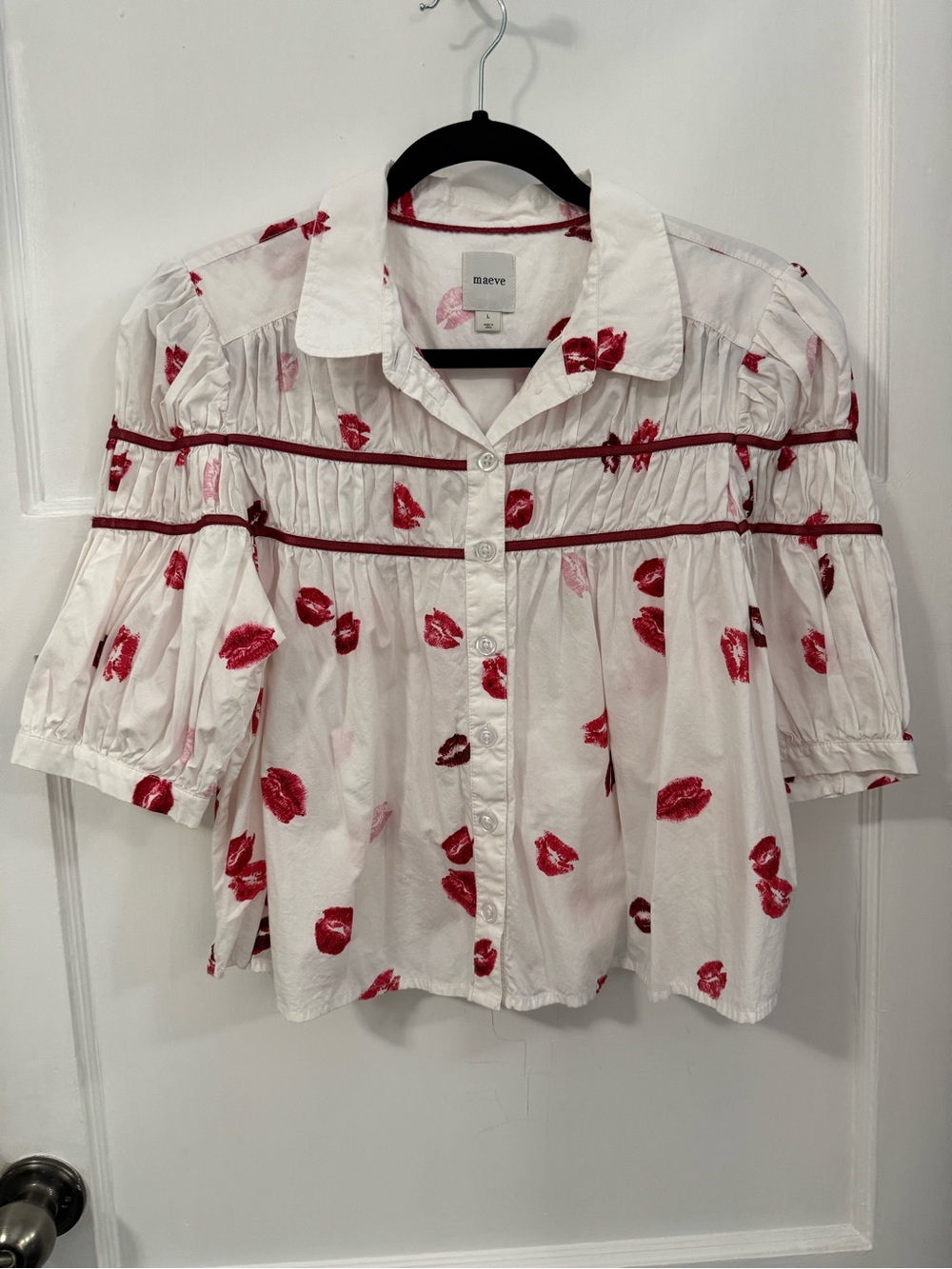 Maeve White Button-Down Blouse with Red and Pink Lip Print